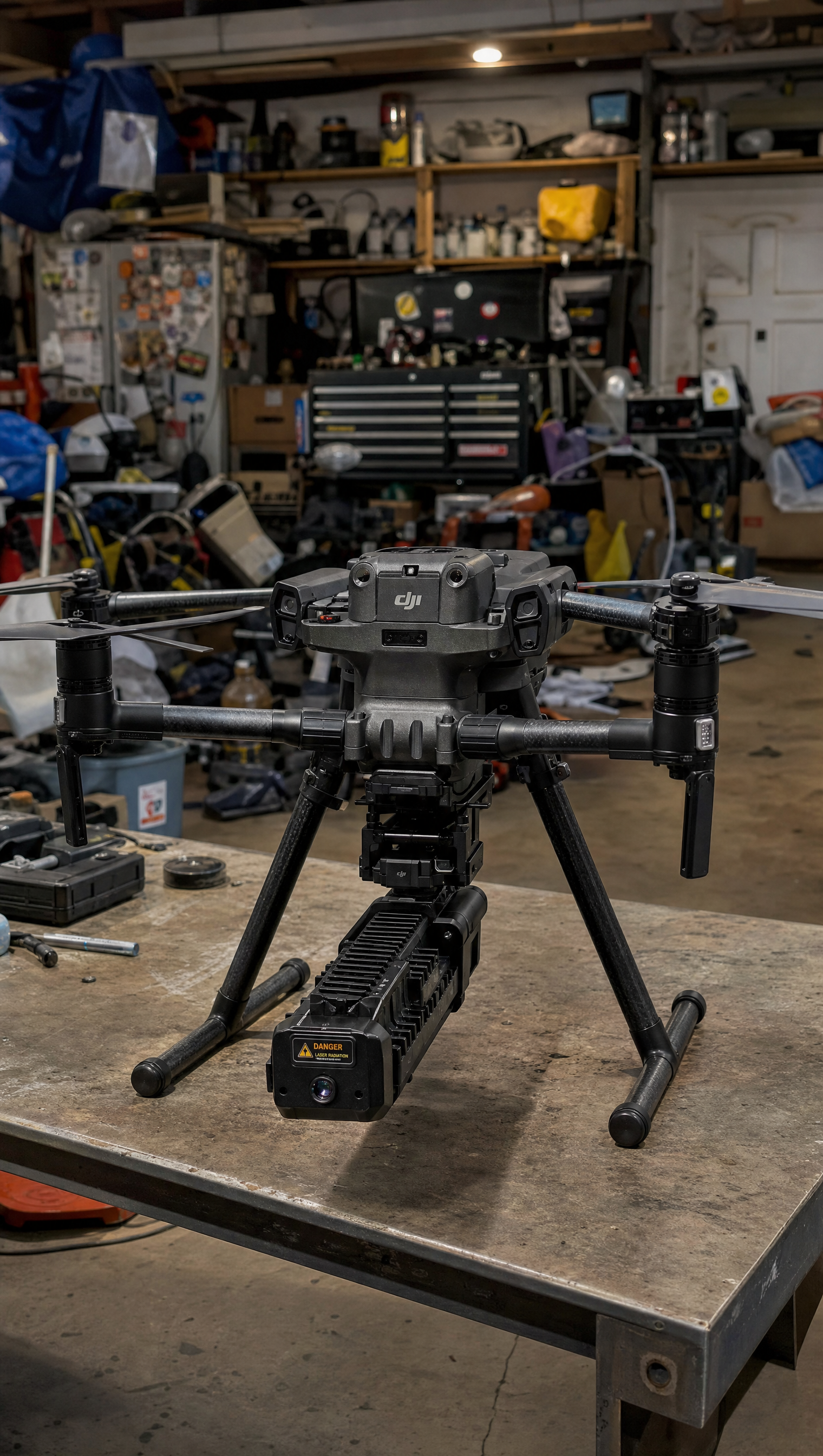 The Flyguard aircraft: a DJI Matrice Enterprise drone fitted with a stabilized payload, on the bench during integration.
